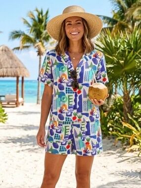 Artonomo Creative Abstract Geometric Print Linen Shorts in Multi-Color